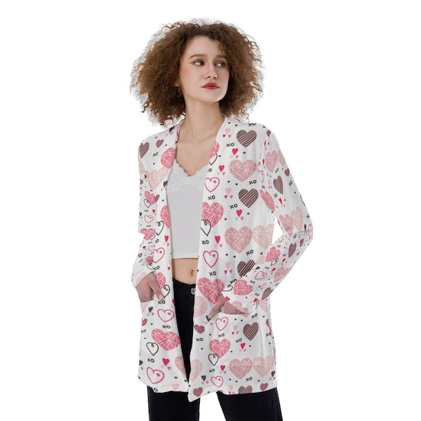 XO's & Hearts Doodles | Pink and White | All-Over Print Women's Patch Pocket Thin Lightweight Cardigan