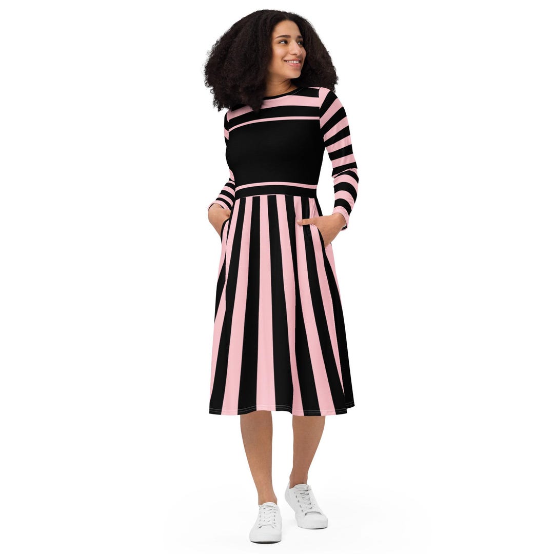 Black & Pink Stripes All-over print long sleeve midi dress (up to 6X) Black & Pink Stripes All-over print long sleeve midi dress (up to 6X)