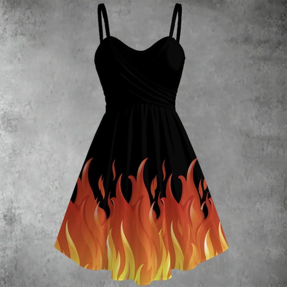 black dress with blue flames DRAGONITE LOOSE FIT DRESS