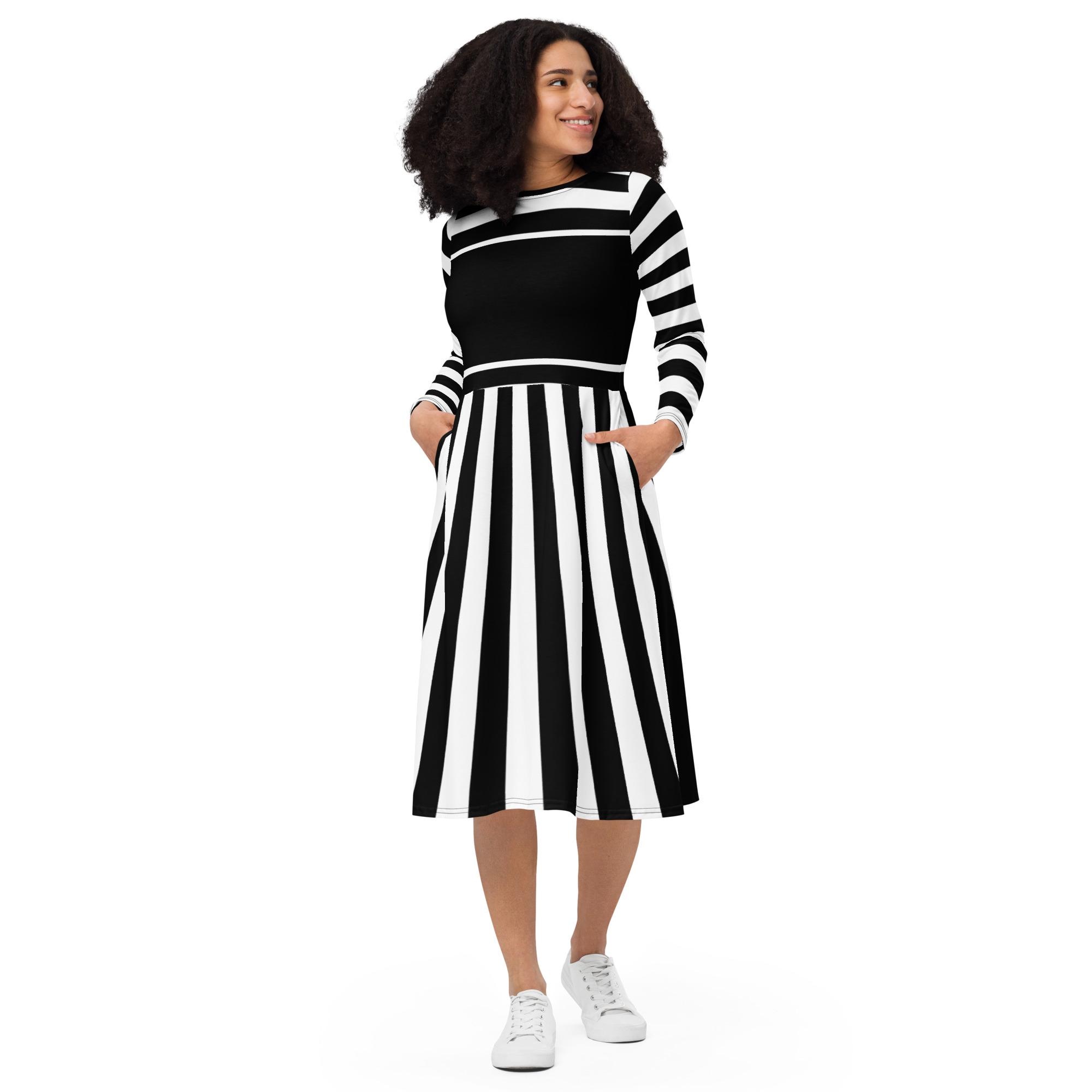 knee length dresses for ladies Raven Striped Knit Midi Dress / Black/White | Meshki