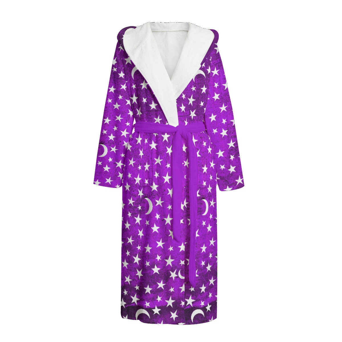 purple dressing gown with hood Majestic Mage | Crescent Moons and Stars All-Over Print | Blue, Purple, & Red Colors