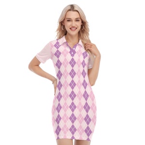 May include: A pink and purple argyle patterned dress with a collared neckline and short sleeves.
