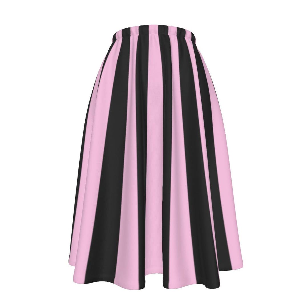 Pink & Black Stripes All-over Print Women's Long Midi Skirt With