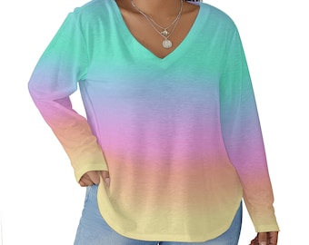 Ombre Prints! 6 Options | Women&#39;s V-neck T-shirt With Curved Hem (Plus Size)
