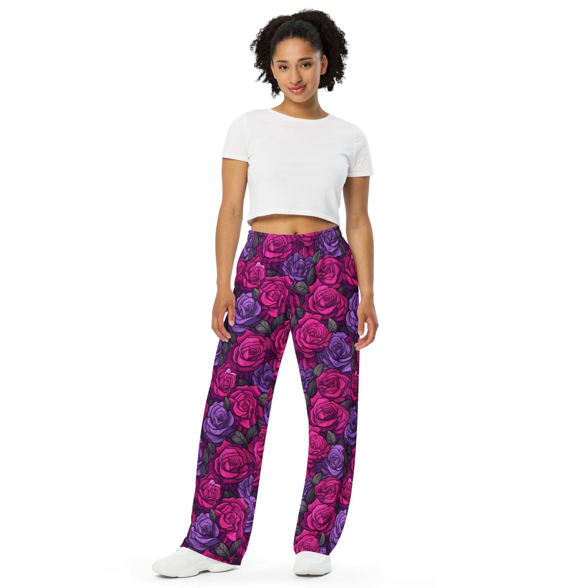 Deep Purple Floral Roses Pattern | All-over Print Unisex Wide-leg 