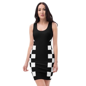 May include: A black and white checkered sleeveless dress with a fitted silhouette.