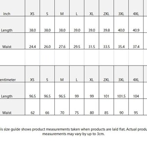 May include: Size chart for clothing in inches and centimeters. The chart shows measurements for length and waist in sizes XS through 5XL.