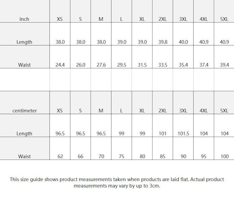 May include: Size chart for clothing in inches and centimeters. The chart shows measurements for length and waist in sizes XS through 5XL.