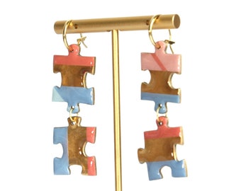 Pendientes de mujer con doble rompecabezas recubiertos de resina