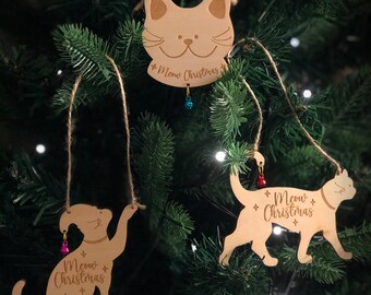 Adorno de gato de madera con campana navideña (juego de 3)