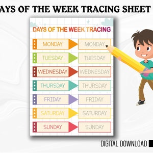 Hoja de trabajo de seguimiento de días de la semana para educación en el hogar, práctica de escritura a mano para preescolar, hoja de actividades de aprendizaje, aprender a escribir los días de la semana