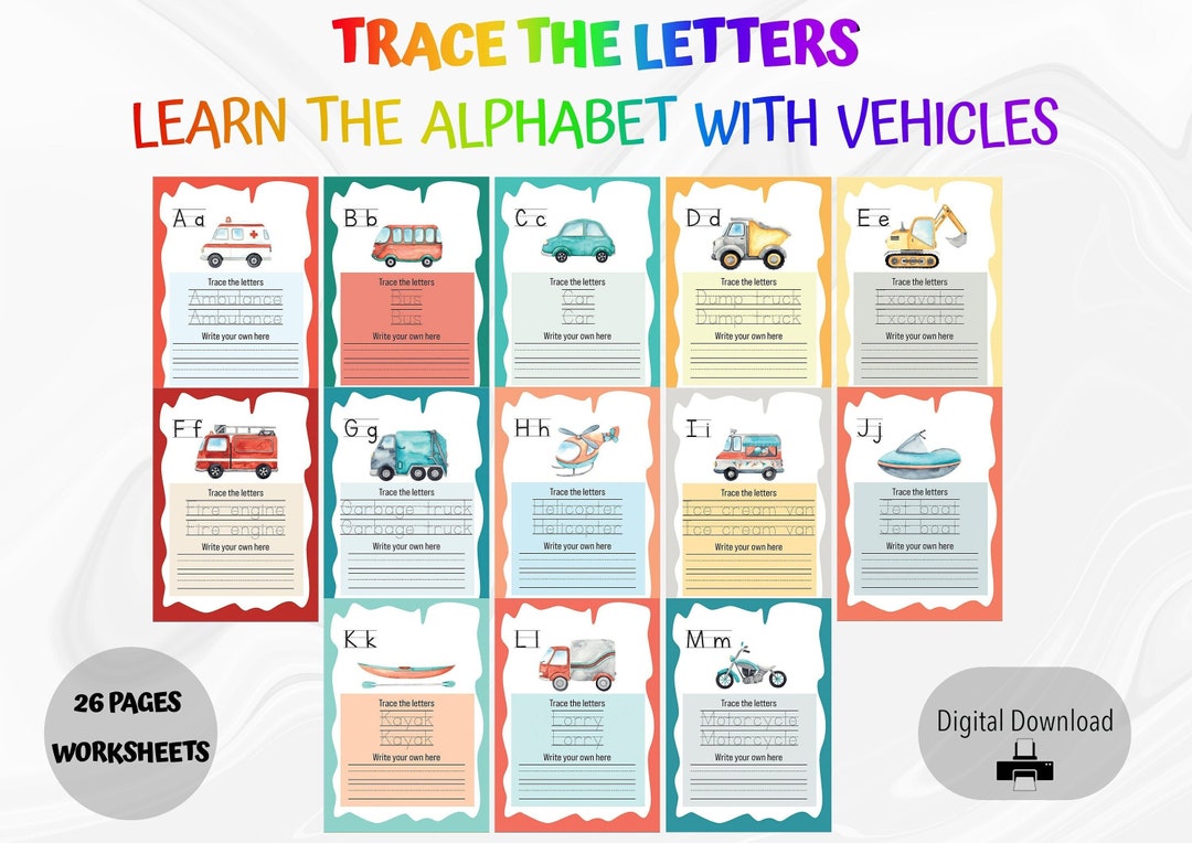 Preschool Truck Themed Writing Worksheet Set, Transport Vehicles Names