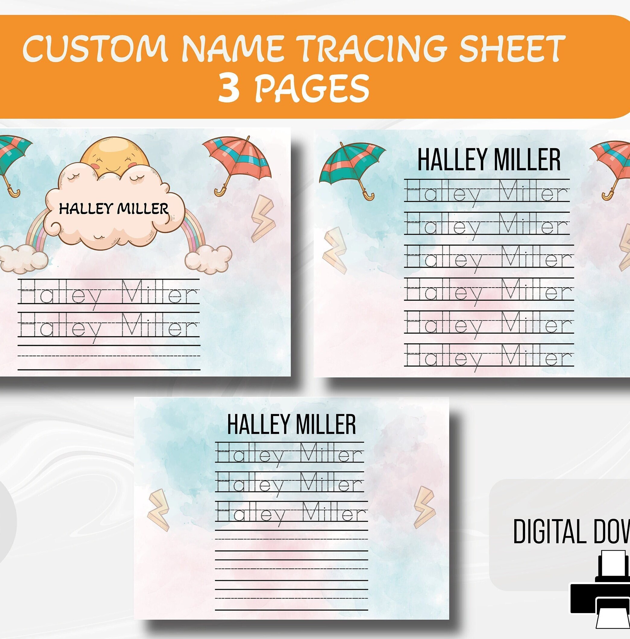Custom Name Tracing Worksheets 3 Pages, Printable Handwriting Practice ...