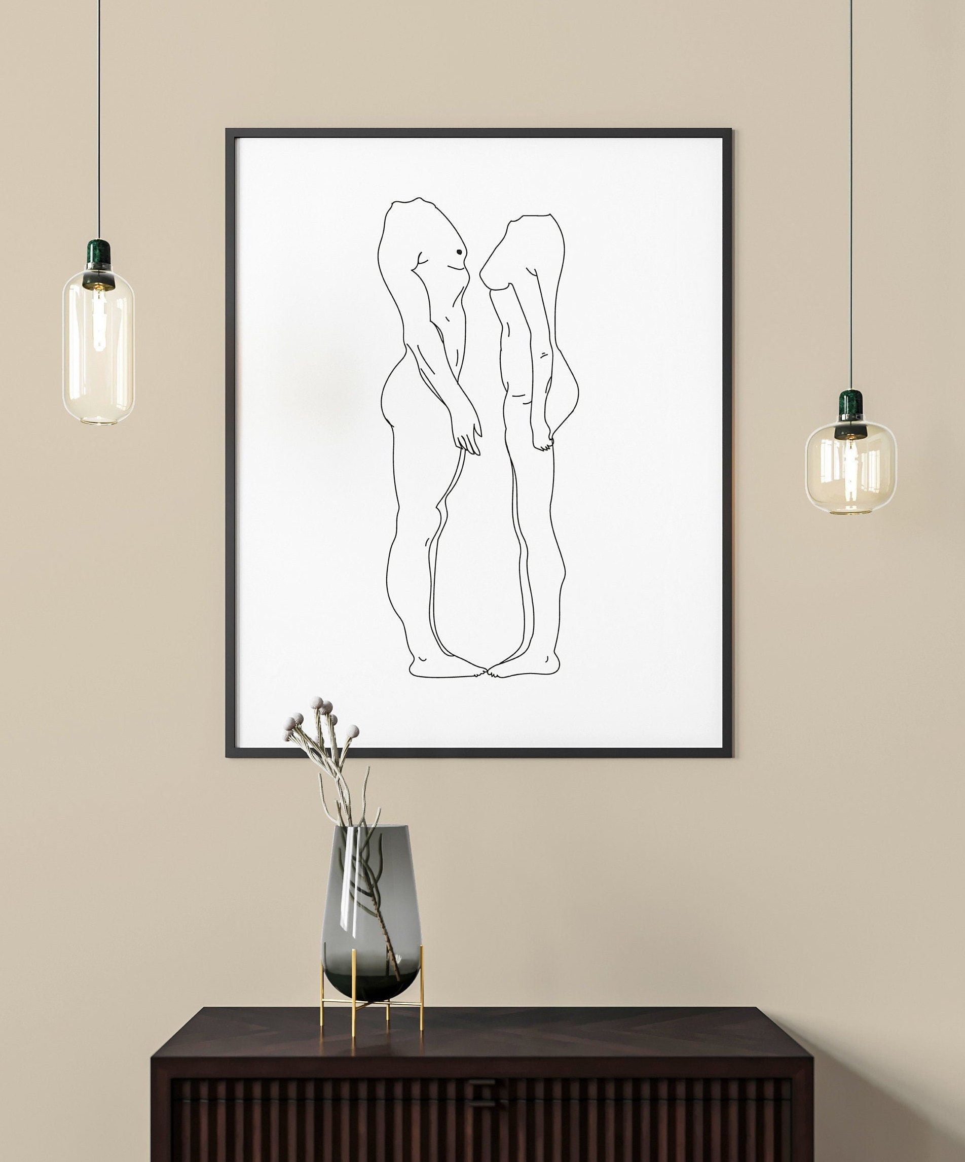 Nude Line Art, Naked Male and Female Silhouette Digital Print