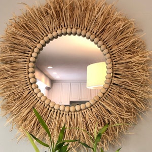 Handmade Round Shape Raffia Mirror With Unfinished Wood bead, Gift, Boho Decor , Wall art, Wall hanging ,Home Decor
