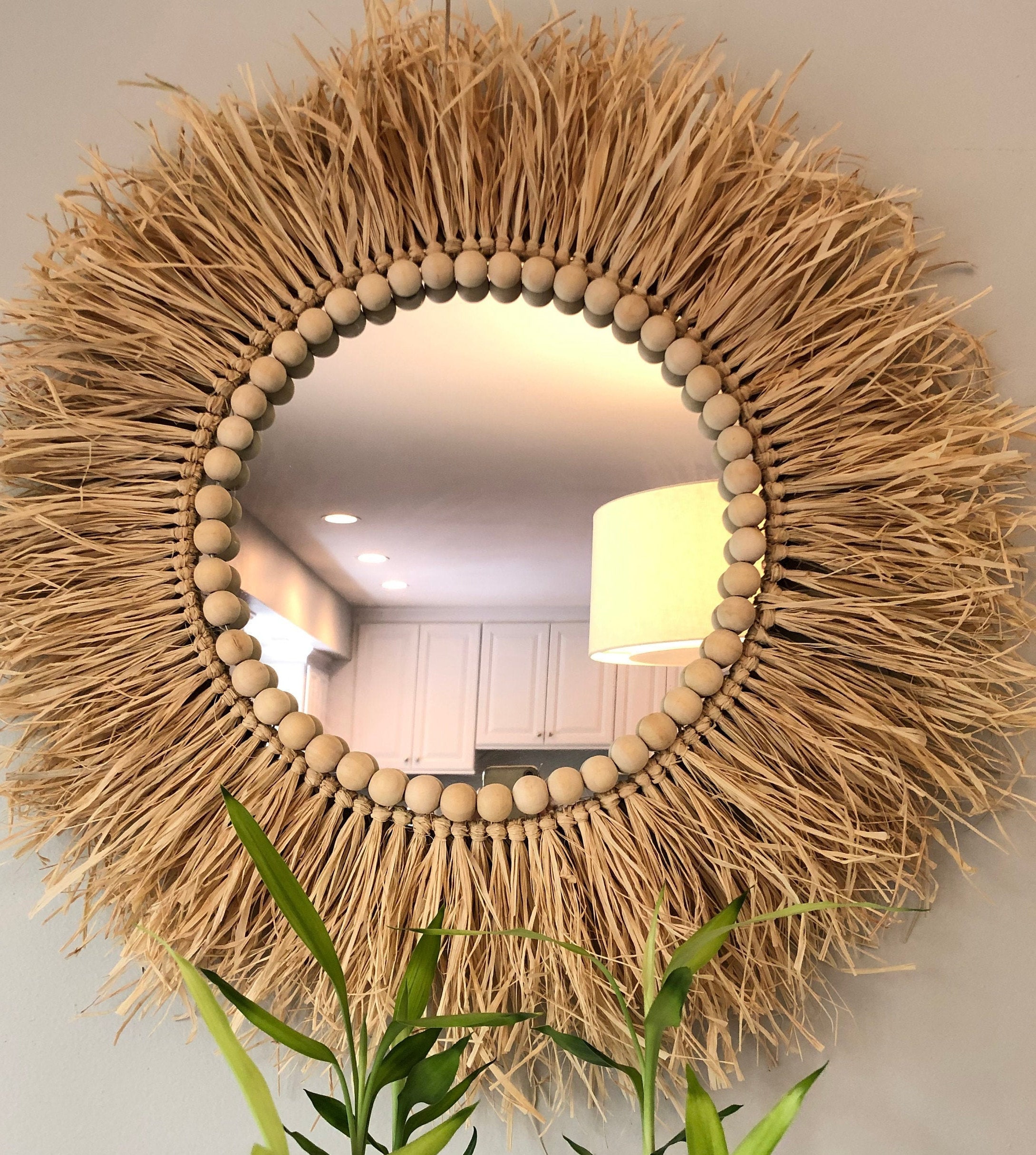 Handmade Round Shape Raffia Mirror With, Unfinished Wood Circle Mirror