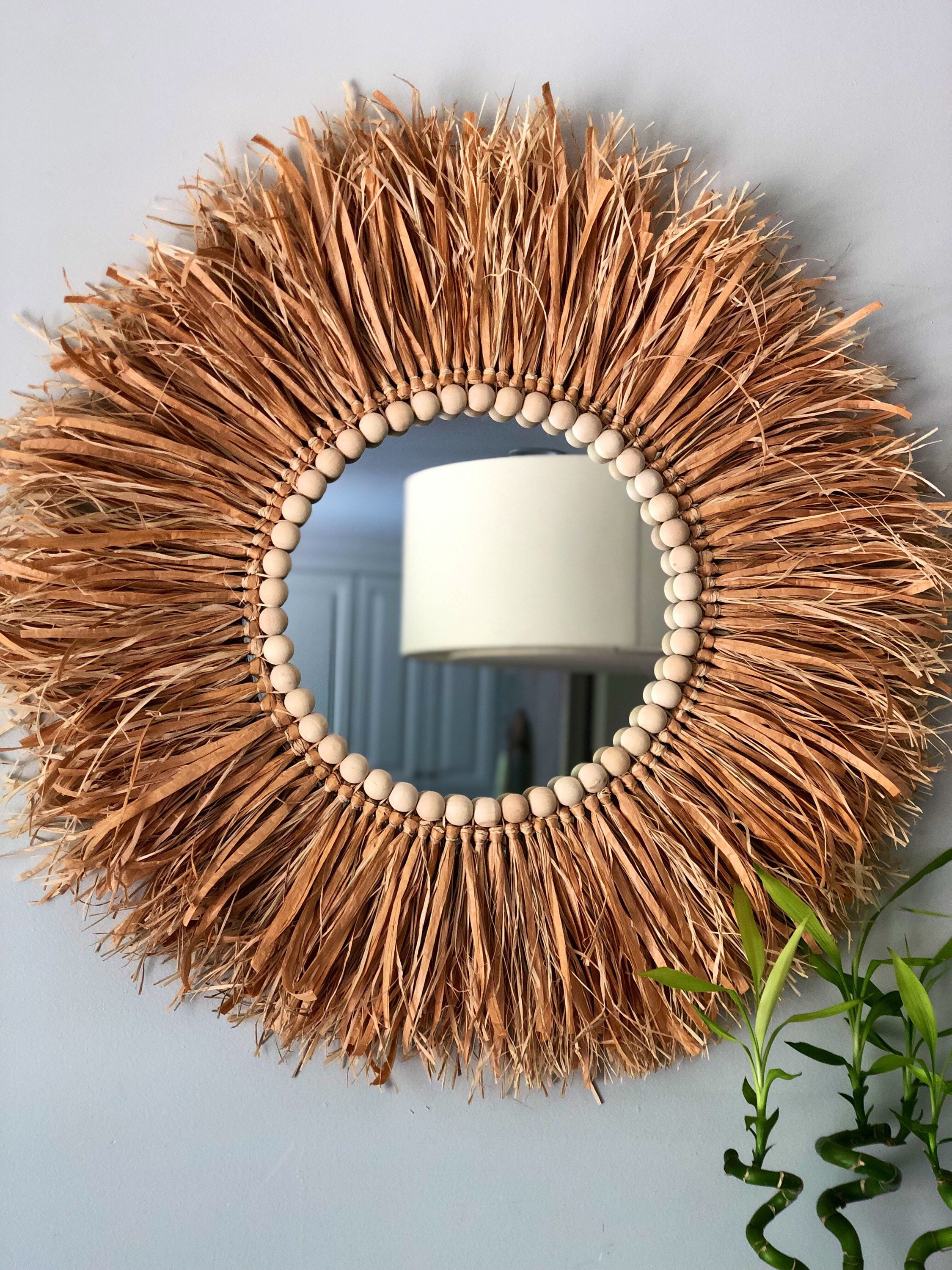 Hand-Woven Straw Wall Hanging Round Mirror