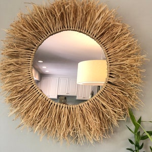 Handmade Round Raffia Mirror, Wall Art, Homedecor , Gift , Mother’s Day Gift, Wall hanging , Raffia mirror, Handmade , Natural Raffia Mirror