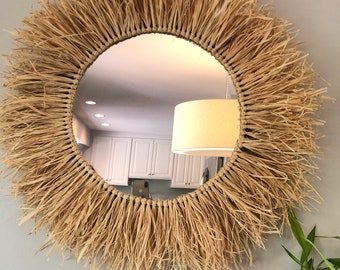 Handmade Round Raffia Mirror, Wall Art, Homedecor , Gift , Mother’s Day Gift, Wall hanging , Raffia mirror, Handmade , Natural Raffia Mirror