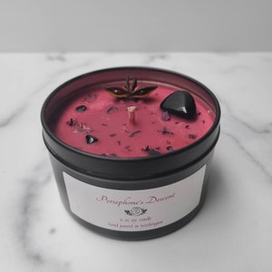 Persephone&#39;s Descent Intention Candle, Pomegranate Absinthe Spell Candle with Obsidian, Witch Decor, Deity Offering by Violet Moon Candles