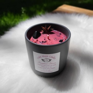Vela de intención del descenso de Perséfone, vela de hechizo de absenta con granada y obsidiana, ofrenda a la deidad de Violet Moon Candles