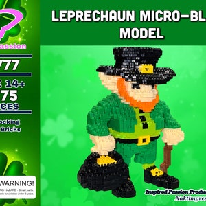 May include: A green leprechaun micro-block model with a black hat, gold belt, and a pot of gold. The model is made of 1275 interlocking micro bricks and is recommended for ages 14 and up. The product is labeled "IP777".