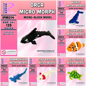May include: A set of six micro-block model kits featuring various sea creatures. The kits include an orca, whale, clownfish, hammerhead shark, axolotl, and sea turtle. Each kit includes interlocking micro bricks and comes with a colorful box with the name of the animal and the number of pieces included.
