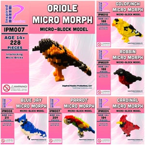 Wild Bird Micro Models, Parrot, Cardinal, Bluejay, Robbin, Oriole, and Goldfinch : Micro Block Model kits