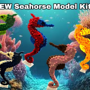 May include: Five colorful seahorse model kits made of plastic building blocks. The seahorses are green, red, blue, pink, and orange. The kits are displayed on a white background with a coral reef backdrop.