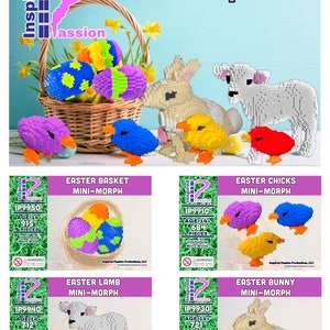 May include: Four different Easter-themed mini-morph building sets. Each set features a different animal: a basket of eggs, a lamb, a bunny, and two chicks. Each set includes the name of the set, the age recommendation, the number of pieces, and a warning label.