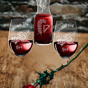 Monarch Butterfly Wine Glass set with small Carafe original design elegantly etched into glass
