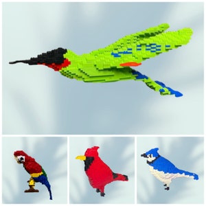 May include: Four colorful Lego bird models: a green hummingbird, a red cardinal, a blue jay, and a red and green parrot.