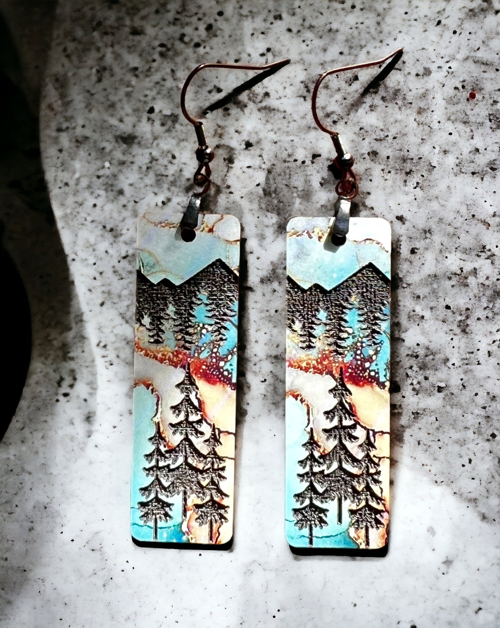 Rectangle Engraved Trees Mountains Earrings Dangle/hanging - Etsy