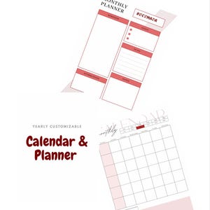 Planejador anual personalizável com calendário e espaço para afirmações mensais.