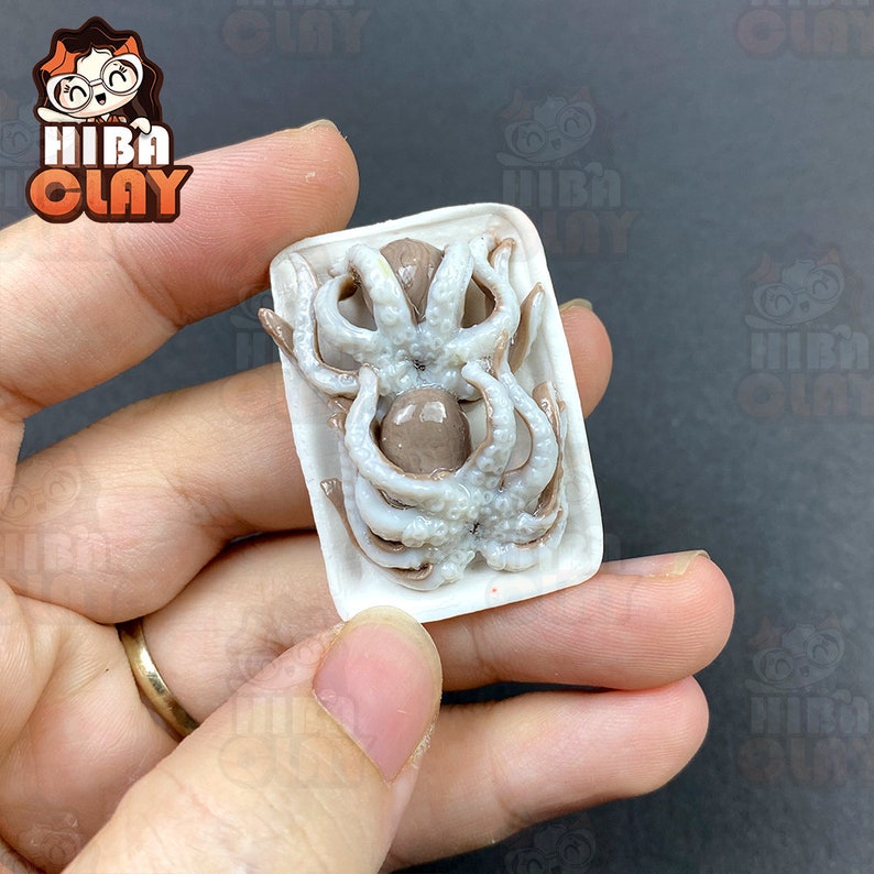 May include: A miniature white ceramic dish with a brown octopus inside. The octopus has white tentacles and is arranged in a circular pattern. The dish is held in a person's hand.