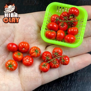 Op de afbeelding: Een verzameling miniatuur rode tomaten in een groene plastic mand en op een hand. De tomaten zijn realistisch en gedetailleerd, perfect voor poppenhuis of miniatuur voedselprojecten.