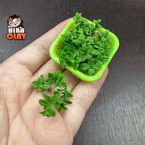 May include: A miniature green plastic basket filled with detailed green leaves, held in a hand. Several loose leaves are also present. The logo "Hiba Clay" is visible in the upper left corner.
