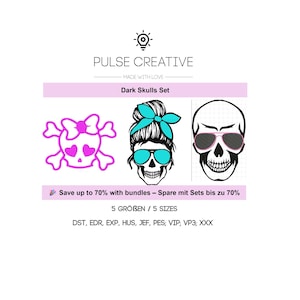Skull Embroidery Design Set – 3 Dark Skull Files for Halloween, Rock & Gothic – Machine Embroidery Skull Bundle