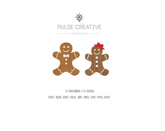May include: Two brown gingerbread cookie figures with white icing details. The left figure has a white bow tie, and the right figure has a red bow. Text reads: PULSE CREATIVE, MADE WITH LOVE, 5 SIZES, and file formats: DST, EDR, EXP, HUS, JEF, PES, VIP, VP3, XXX.