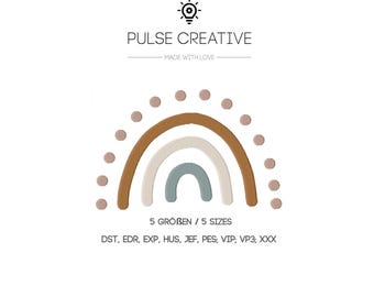 May include: An embroidery design featuring a stylized rainbow with three concentric arches in brown, cream, and muted blue, surrounded by a dotted arc. Text includes PULSE CREATIVE, MADE WITH LOVE, 5 SIZES, and file formats DST, EDR, EXP, HUS, JEF, PES, VIP, VP3, XXX.