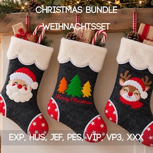 May include: Three dark gray felt Christmas stockings with white scalloped cuffs and red star-patterned toes. The stockings feature embroidered designs of Santa Claus, colorful Christmas trees with the text Merry Christmas, and a reindeer.