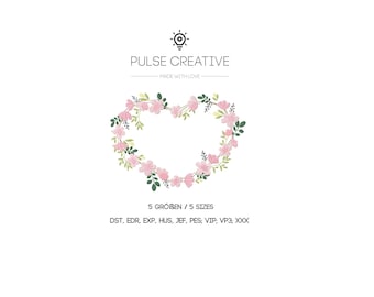 Floral Heart Wreath Embroidery Design Valentine Wedding Mother’s Day Frame Romantic Flowers 7 Colors 5 Sizes 10 Formats Digital File