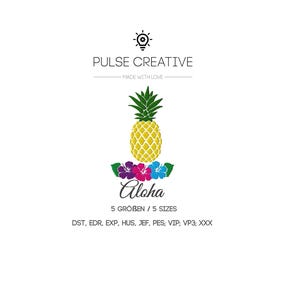 Può includere: Un ananas giallo con foglie verdi, circondato da fiori colorati, e la parola "Aloha" in corsivo. L'immagine include il testo "PULSE CREATIVE" e "MADE WITH LOVE".