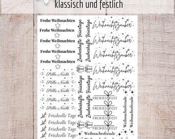May include: A sheet of Christmas-themed stickers with various festive phrases and designs. The stickers include phrases like "Merry Christmas," "Silent Night," and "Peaceful Days," along with stars, gift boxes, and Christmas trees. The text "SET WEIHNACHTSZAUBER" is at the top.