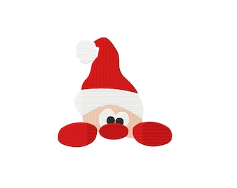 May include: An embroidered design of a character wearing a red Santa hat with a white pom-pom and brim. The character has a light skin tone, two large white eyes with black pupils, and three red oval shapes representing hands and a nose.