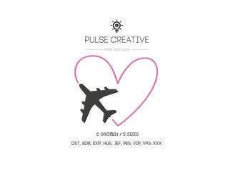 airplane embroidery design, airplane with heart embroidery file, travel embroidery design, summer machine embroidery design, vacation design
