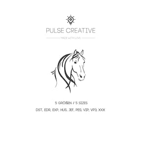 Può includere: Illustrazione in bianco e nero di una testa di cavallo in linea d'arte. L'immagine include il testo "PULSE CREATIVE" e "MADE WITH LOVE".