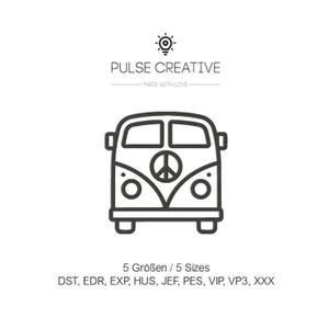Könnte beinhalten: Eine schwarz-weiße Strichzeichnung eines Vintage-Vans mit einem Friedenszeichen auf der Vorderseite. Über dem Van steht PULSE CREATIVE mit einem Glühbirnen-Symbol. Darunter steht 5 Größen / 5 Sizes und die Dateiformate: DST, EDR, EXP, HUS, JEF, PES, VIP, VP3, XXX.