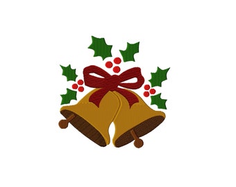 May include: An embroidery design featuring two gold-colored bells tied together with a dark red ribbon. The bells are accented with green holly leaves and small red berries arranged in a cluster above the bow, creating a festive holiday motif.