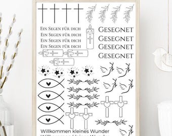 May include: A white sheet featuring black line art designs including crosses, candles, doves, fish with hearts, stars, and leafy branches. The text includes the phrases Ein Segen für dich, Gesegnet, and Willkommen kleines Wunder in a clean font.